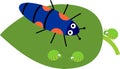 Biological control of aphids. Stylized cute cartoon larva of ladybug on green leaf with aphids in flat style